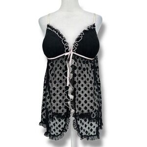 Linea Donatella Y2K Black Lace Babydoll Chemise XL Polka Dot Coquette Lingerie